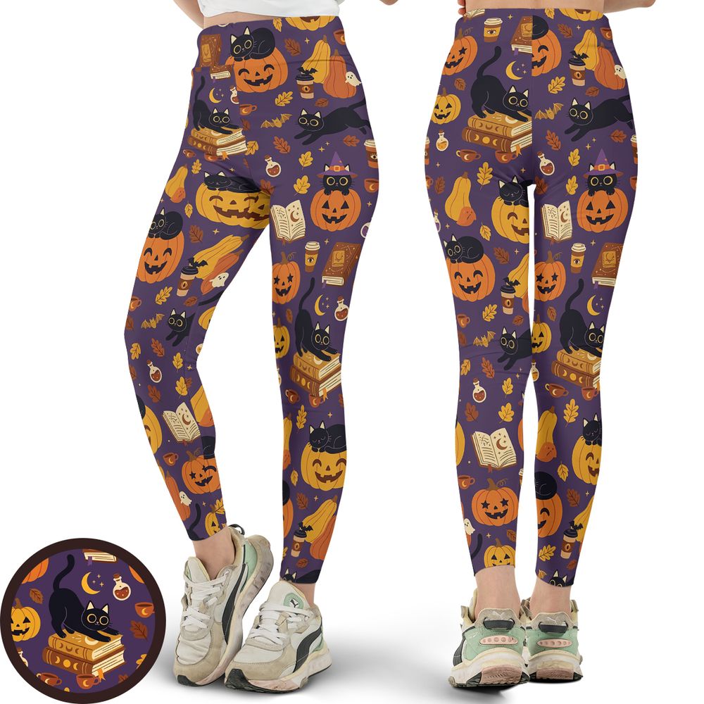 Purple Spooky Black Cat & Pumpkin Magic Full Print Legging -  - 1