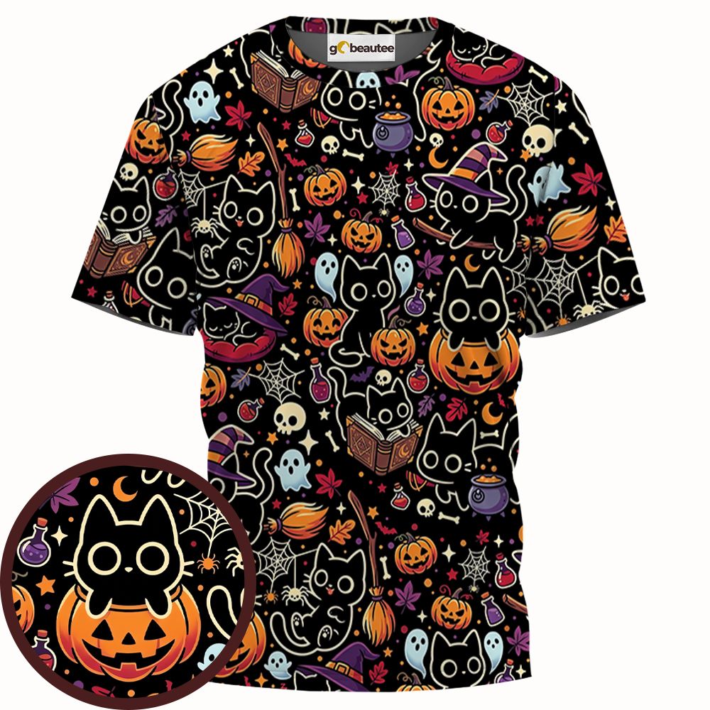 Black Cat and Pumpkin Full Print Unisex T-Shirt -  - 1