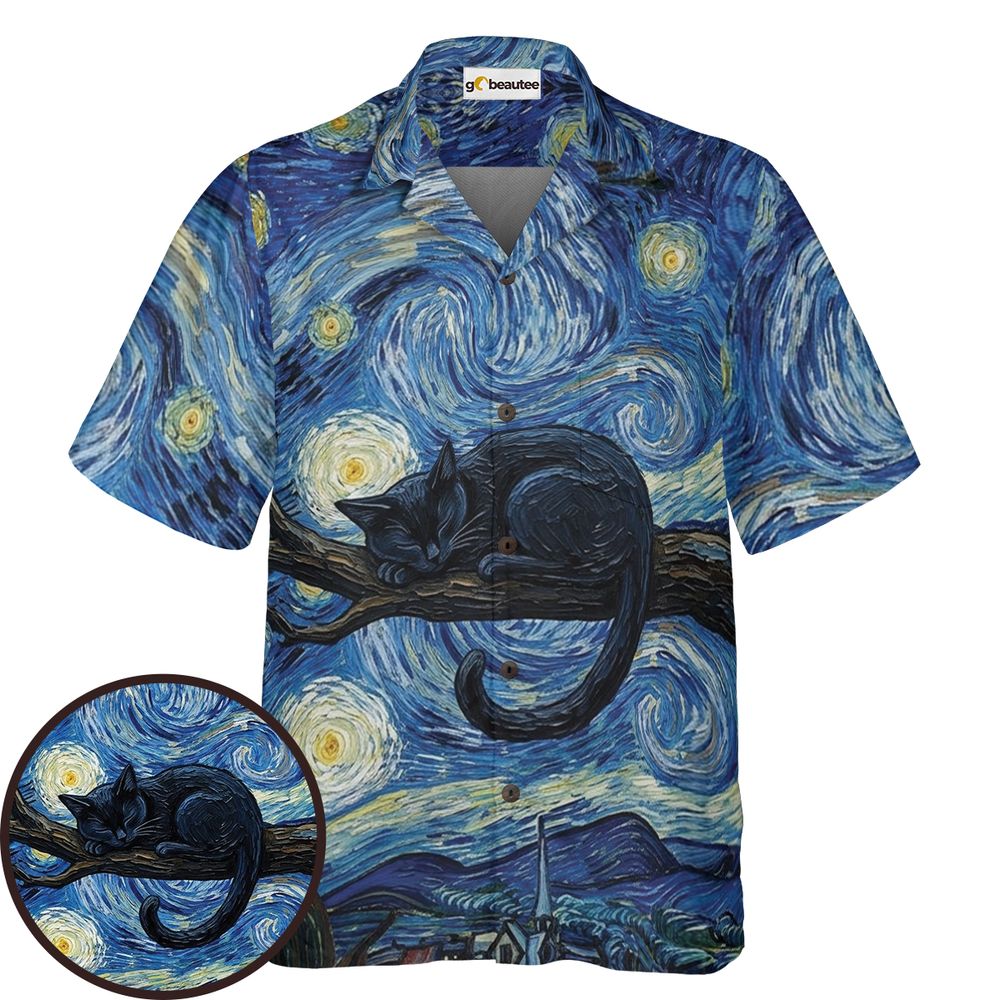 Starry Night and Black Cat Hawaiian Shirt -  - 1