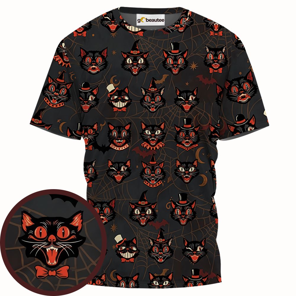 Retro Spooky Black Cat Halloween Hawaiian Shirt -  - 1