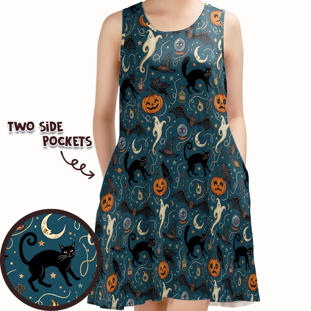 Magical Black Cat & Spooky Night Halloween Sleeveless Dress -  - 1