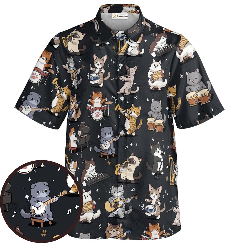Cat Band Musical Instruments Short Sleeve Button Shirt -  - 1
