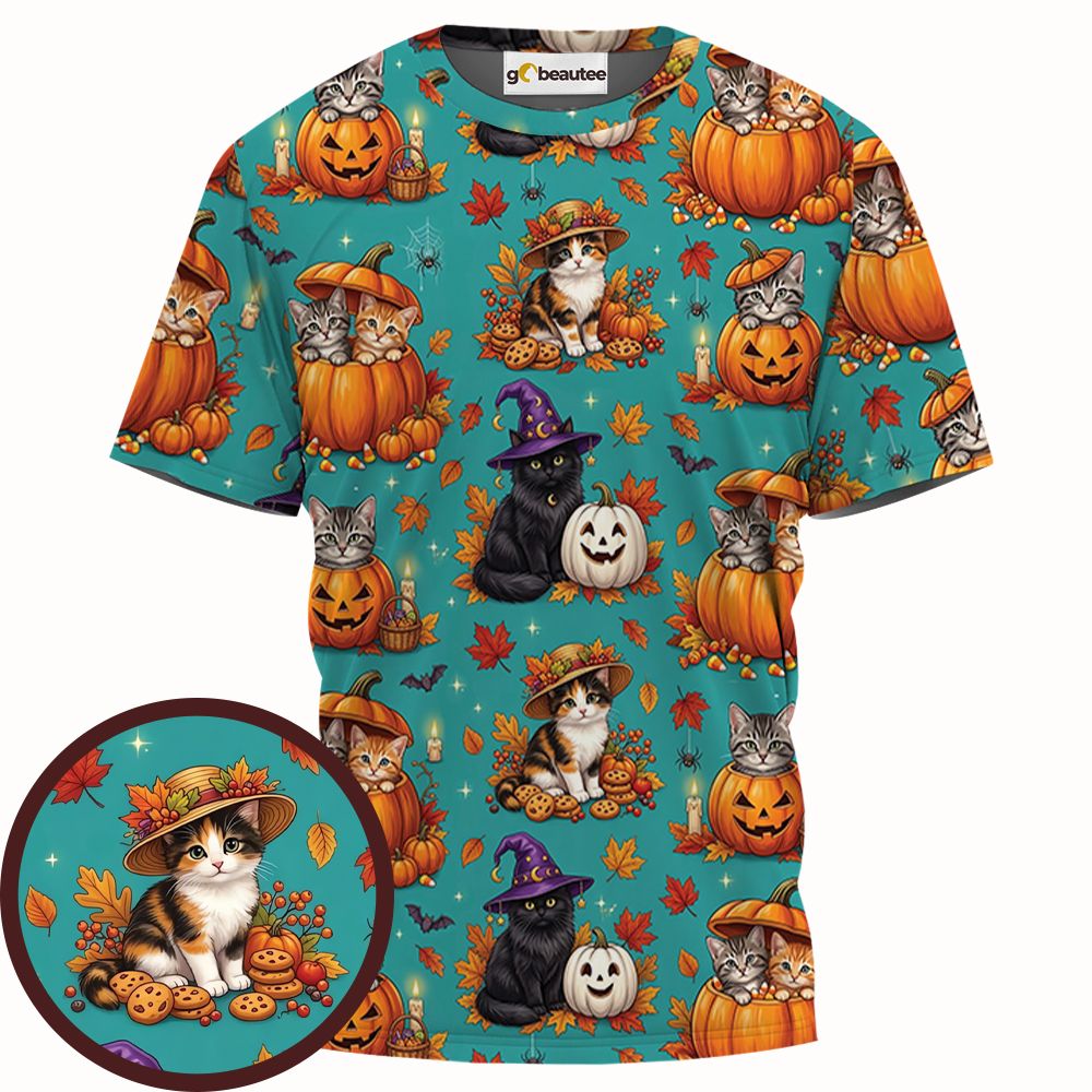 Festive Fall Pumpkin & Witch Cat Full Print Unisex T-Shirt -  - 1