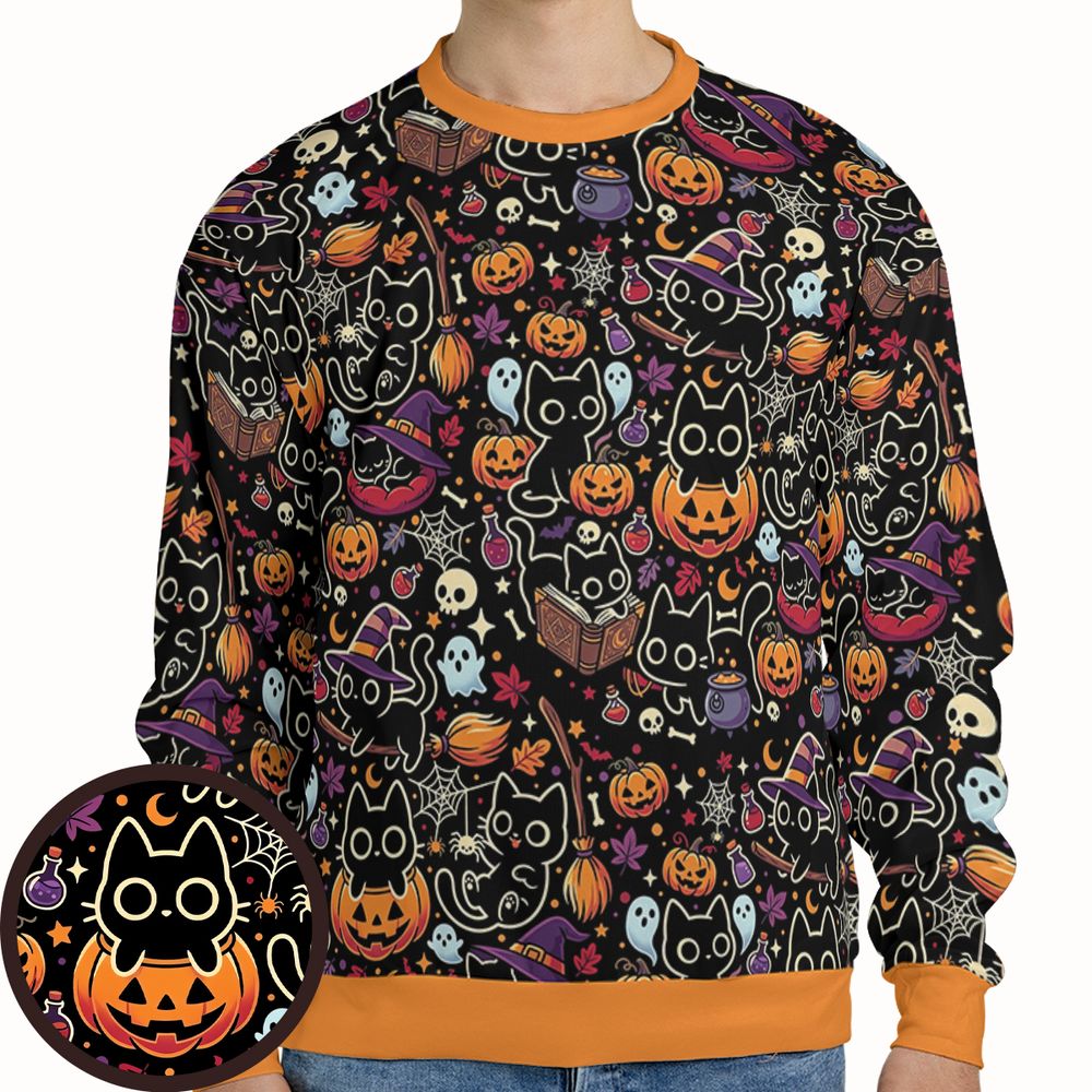 Black Cat and Pumpkin Full Print Sweatshirt -  - 1
