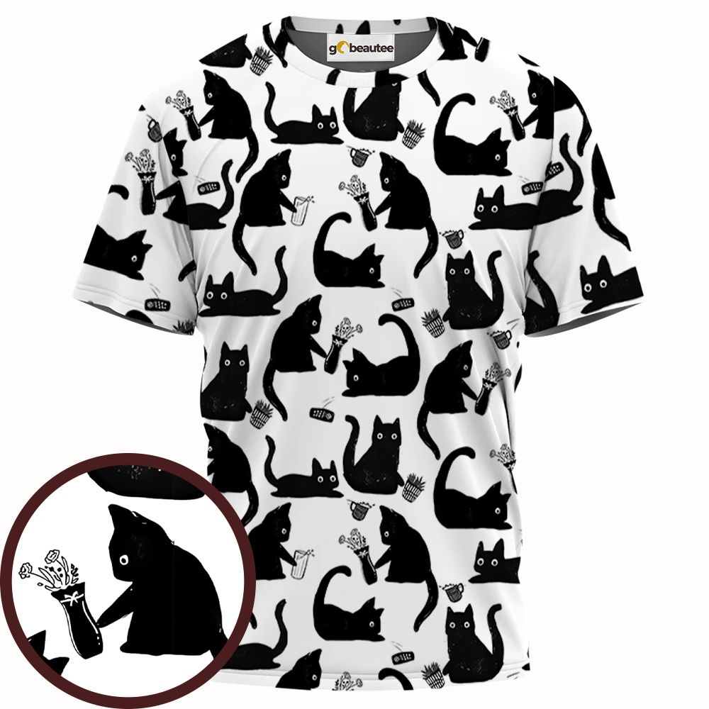 Mischievous Black Cat Pattern Full Print Unisex T-Shirt -  - 1