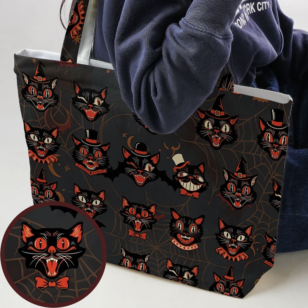 Retro Spooky Black Cat Halloween Large Tote Bag -  - 1