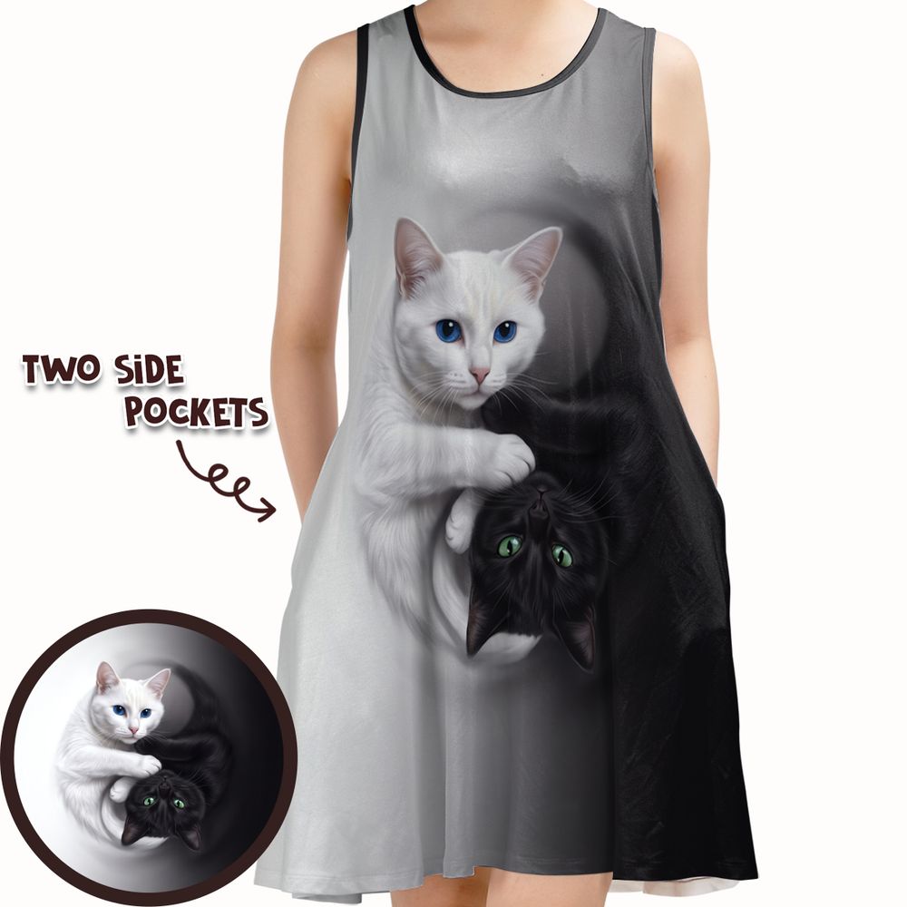 Yin Yang Black Cat and White Cat Sleeveless Dress -  - 1