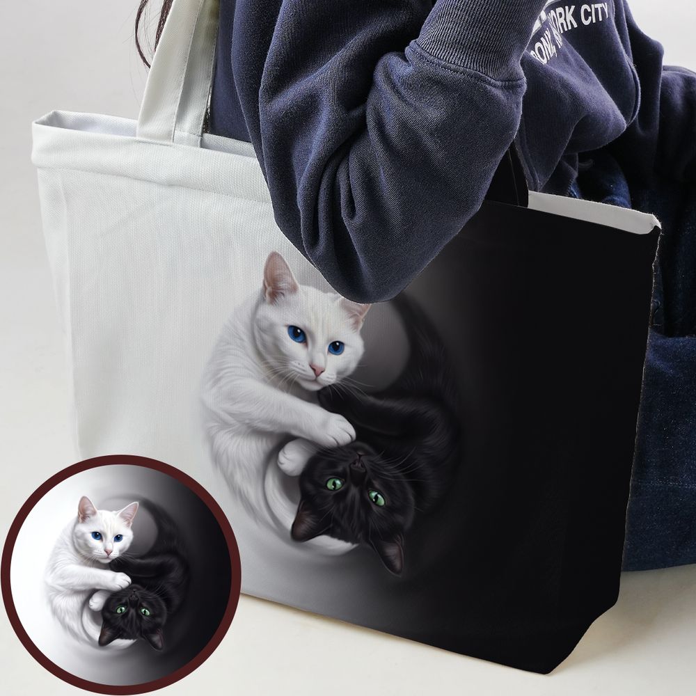 Yin Yang Black Cat and White Cat Large Tote Bag -  - 1