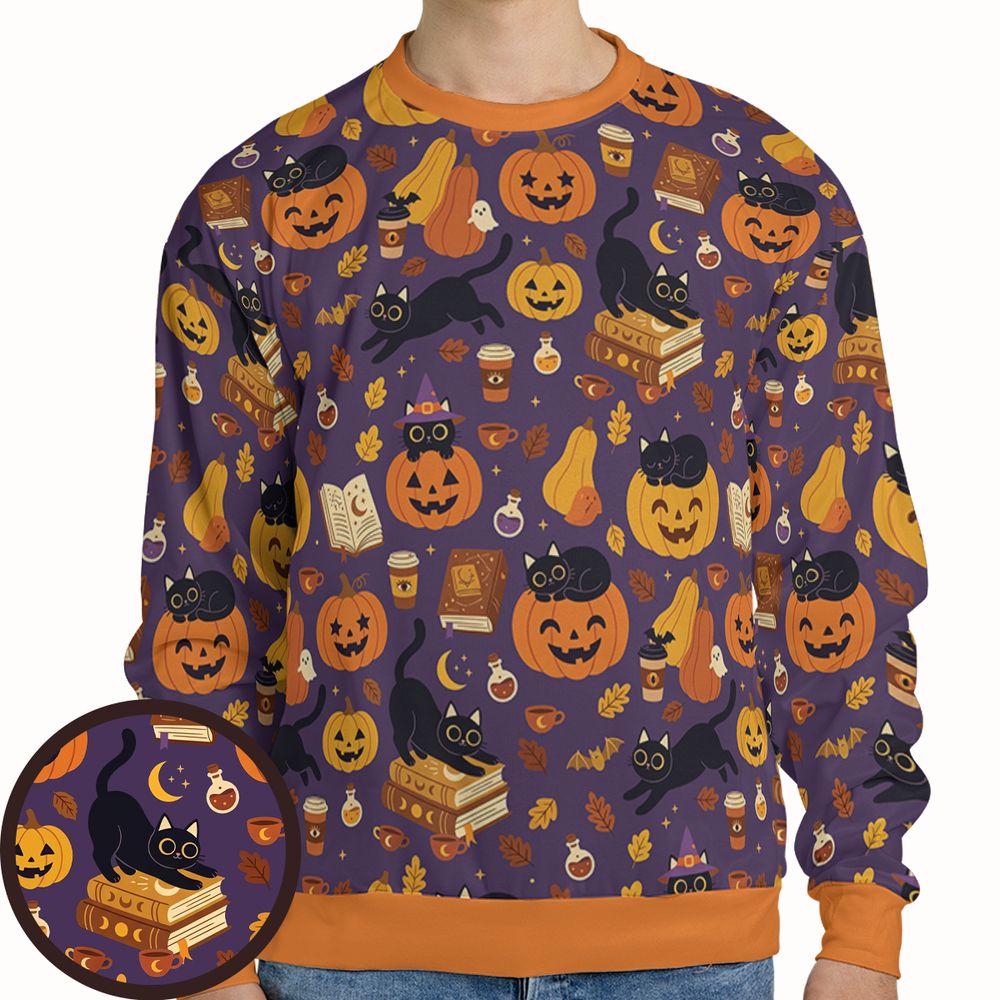 Purple Spooky Black Cat &amp; Pumpkin Magic Full Print Sweatshirt -  - 1