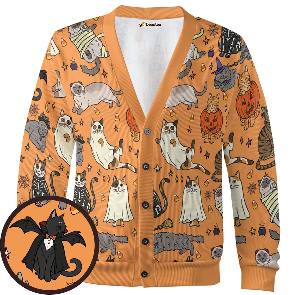Spooky Orange Halloween Costume Cats Pattern Cardigan -  - 1