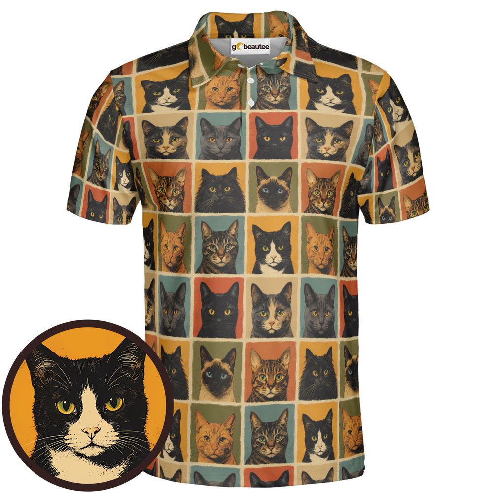 Retro Cat portrait Full Print Polo Shirt -  - 1