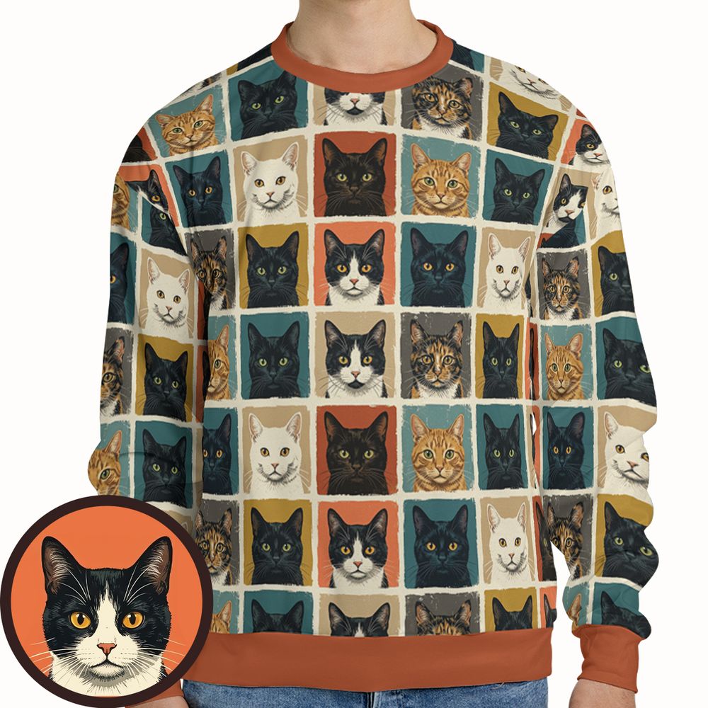 Retro Pop Art Cat Portrait Grid Full Print Sweatshirt -  - 1
