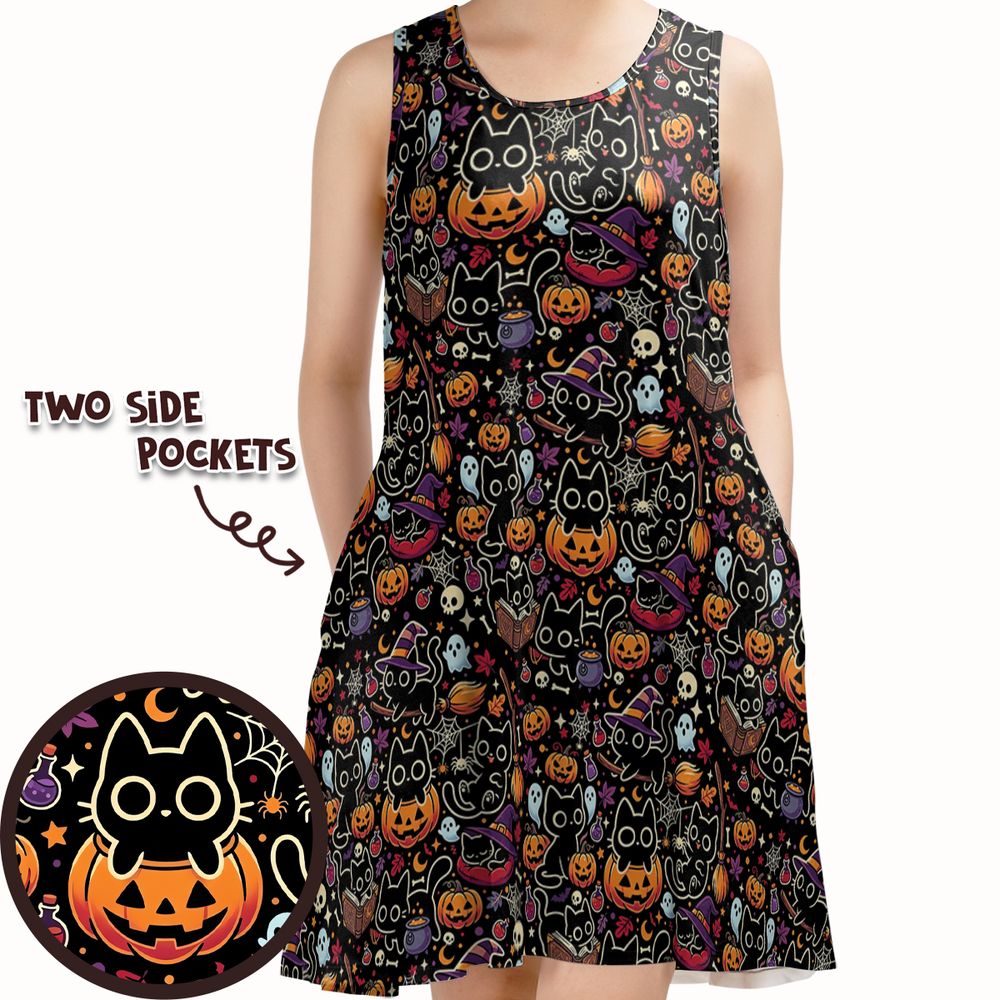 Black Cat and Pumpkin Sleeveless Dress -  - 1