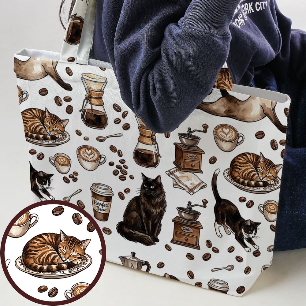 Cat and Coffee Large Tote Bag -  - 1