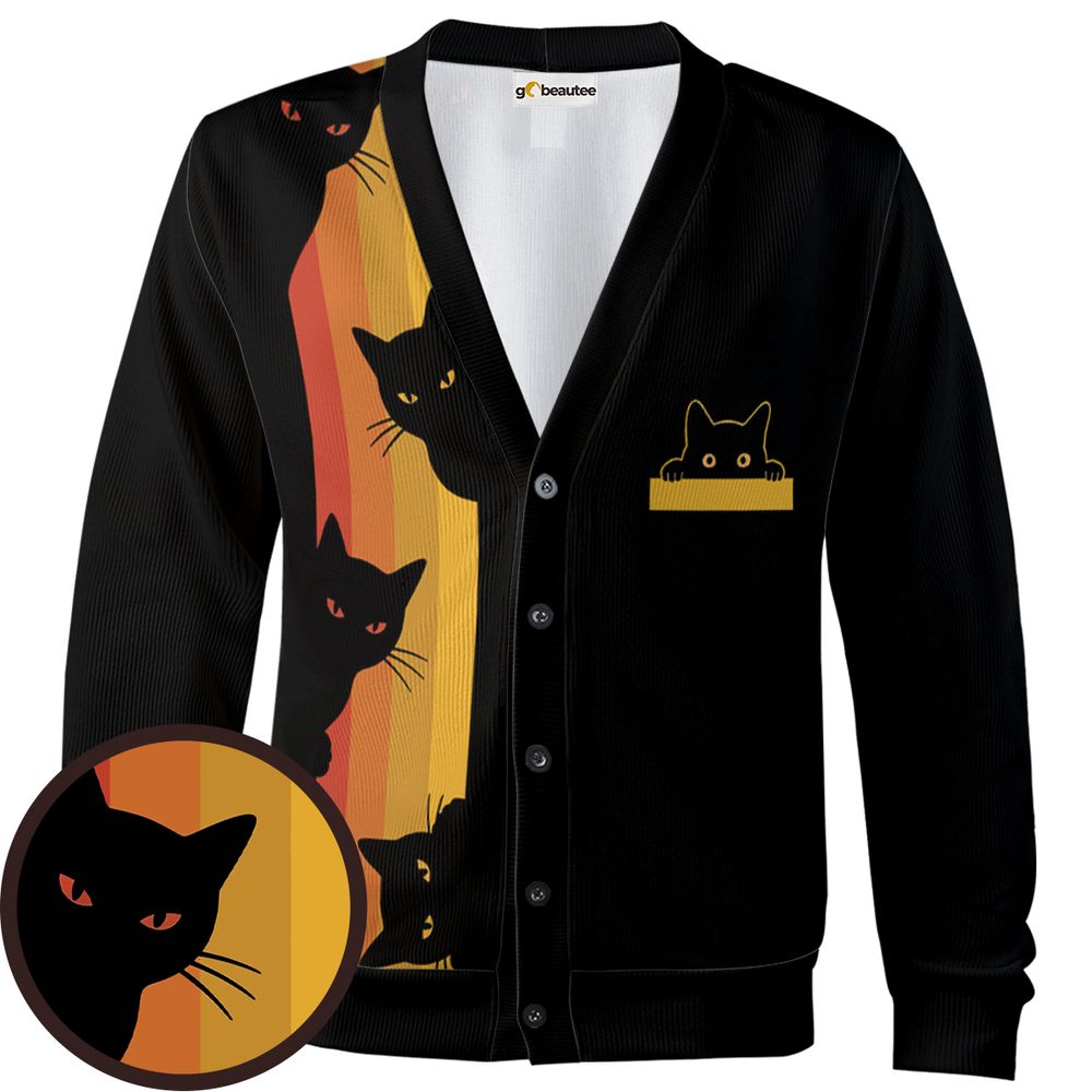 Retro Sunset Peeking Black Cat Cardigan -  - 1
