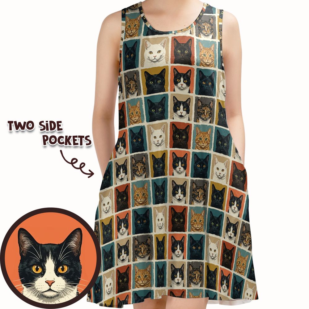Retro Pop Art Cat Portrait Grid Sleeveless Dress -  - 1