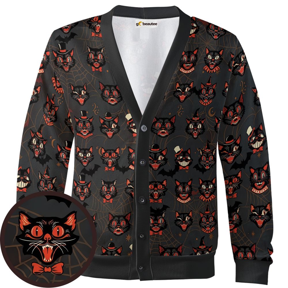 Retro Spooky Black Cat Halloween Hawaiian Shirt -  - 1