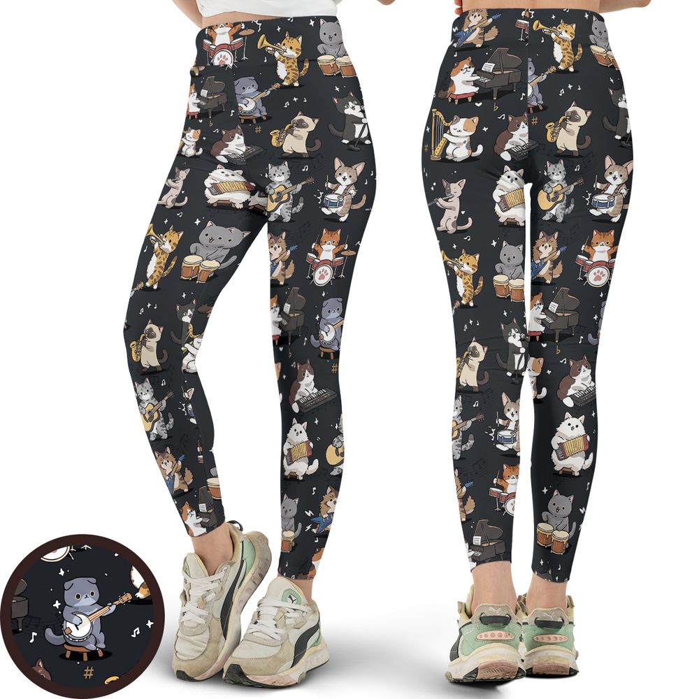 Cat Band Musical Instruments Full Print Legging -  - 1