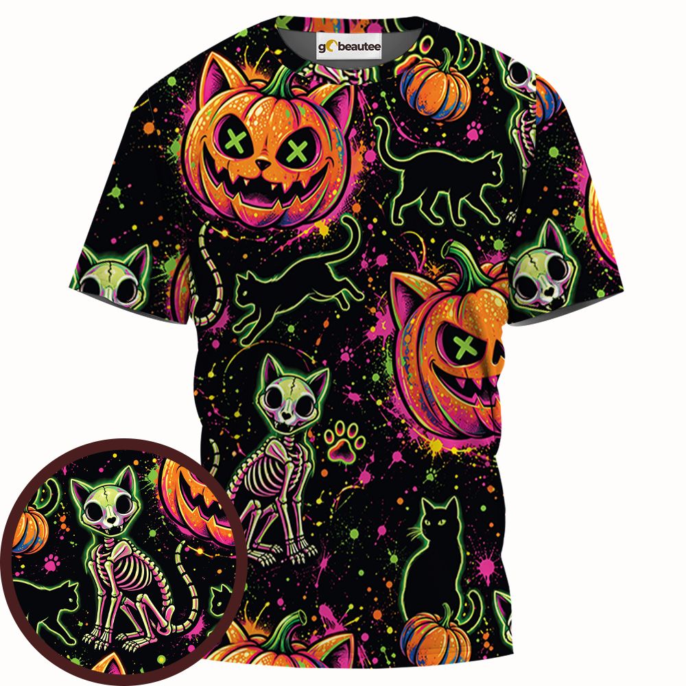 Neon Skeleton Cats & Pumpkins -  - 1