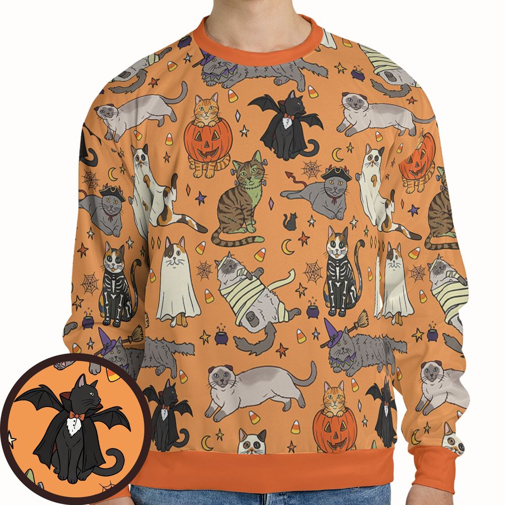 Spooky Orange Halloween Costume Cats Pattern Full Print Sweatshirt -  - 1