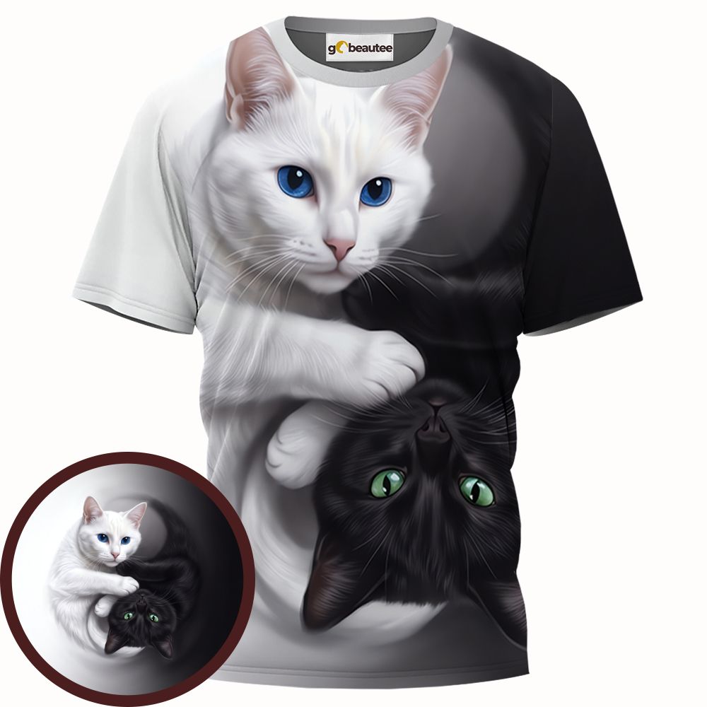 Yin Yang Black Cat and White Cat Full Print Unisex T-Shirt -  - 1