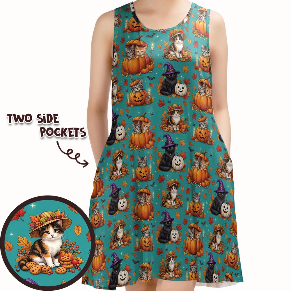 Festive Fall Pumpkin & Witch Cat Sleeveless Dress -  - 1