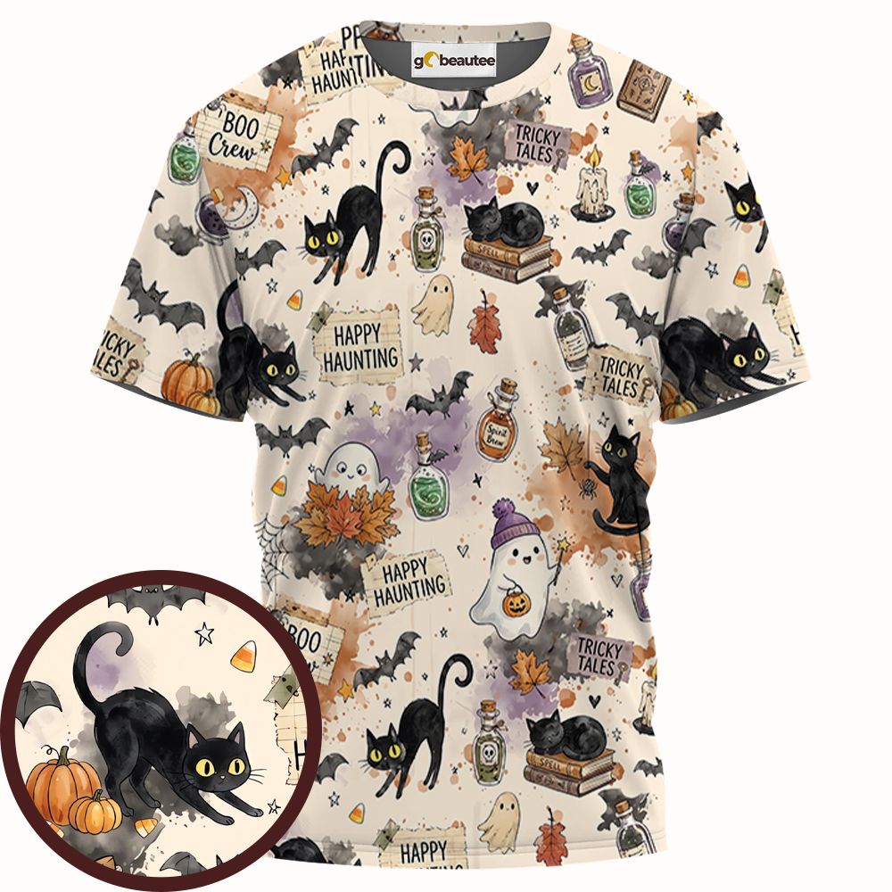 Happy Haunting Black Cat & Potion Spooky Full Print Unisex T-Shirt -  - 1