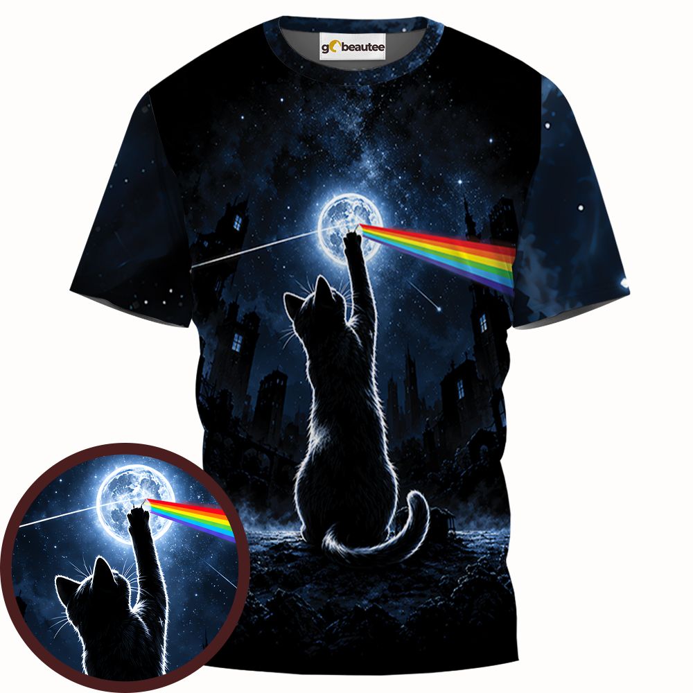 Cosmic Rainbow Moon Cat Silhouette Full Print Unisex T-Shirt -  - 1
