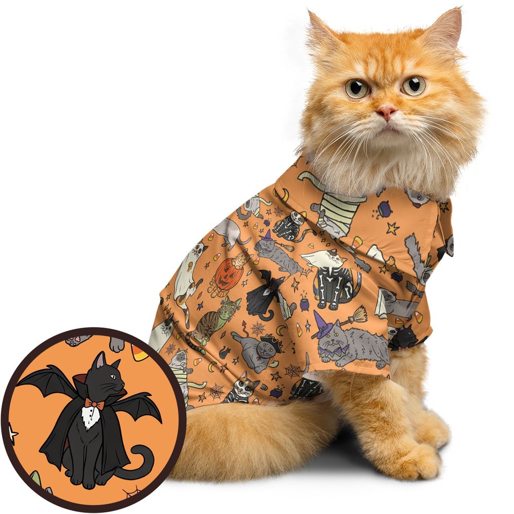Spooky Orange Halloween Costume Cats Pattern Pet Hawaiian Shirt -  - 1