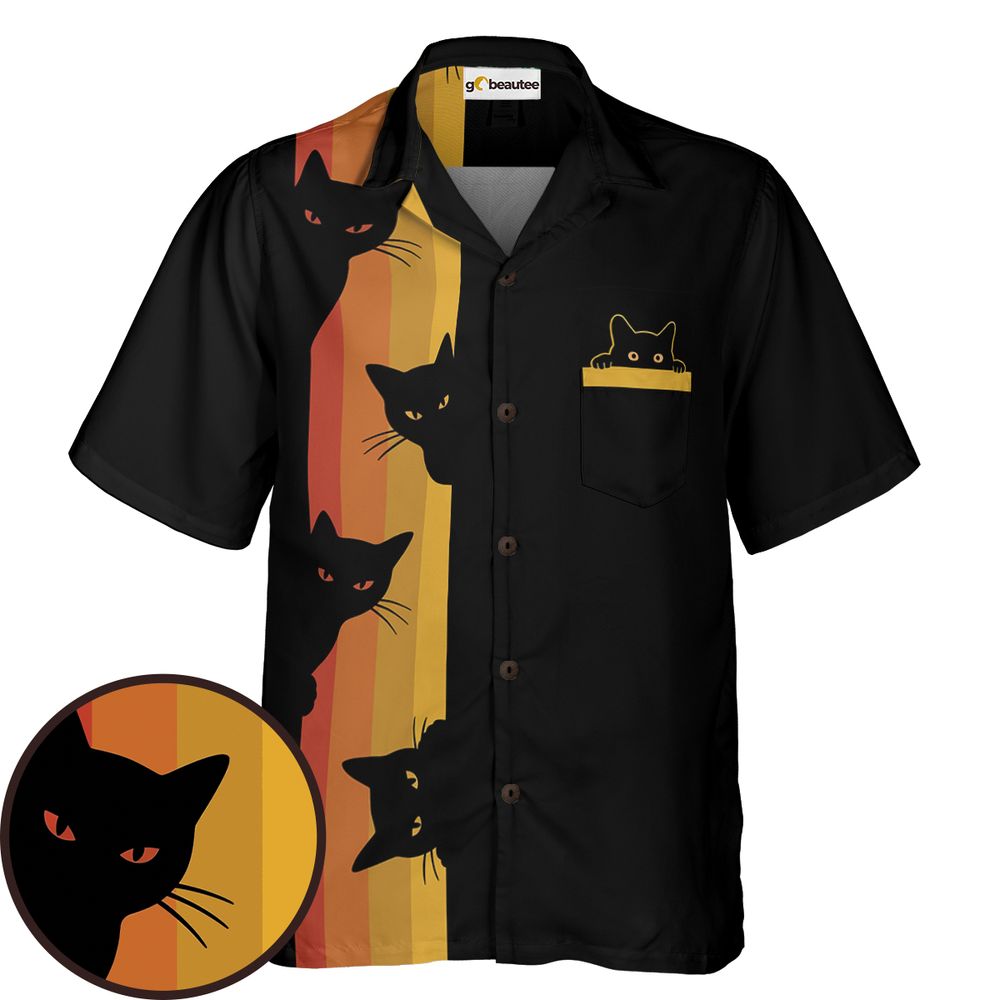 Retro Sunset Peeking Black Cat Hawaiian Shirt -  - 1