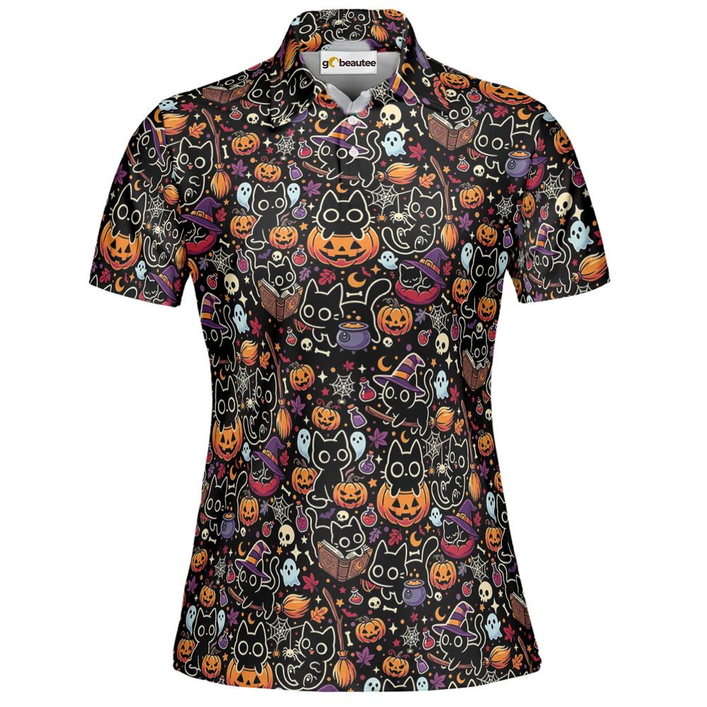 Black Cat and Pumpkin Full Print Polo Shirt - Women - 2
