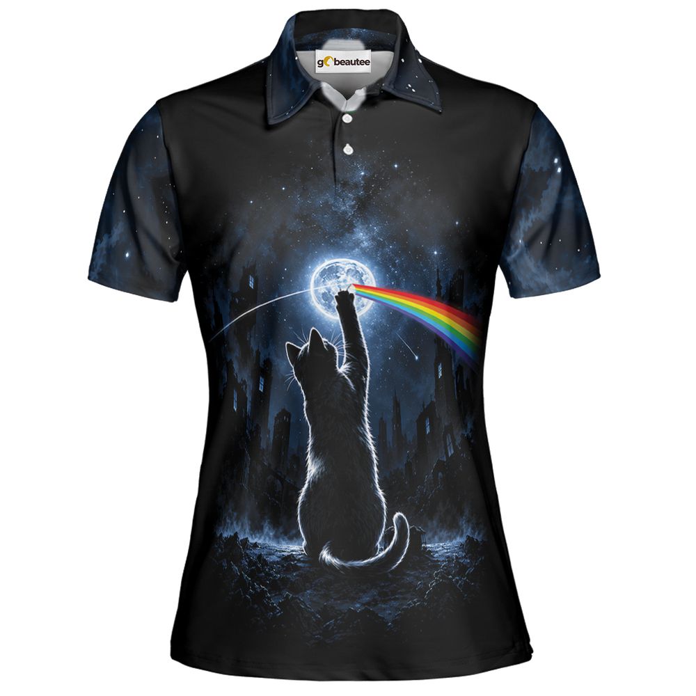 Cosmic Rainbow Moon Cat Silhouette Full Print Polo Shirt - Women - 2