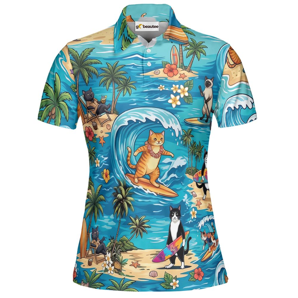 Cats Surfing Full Print Polo Shirt - Women - 2