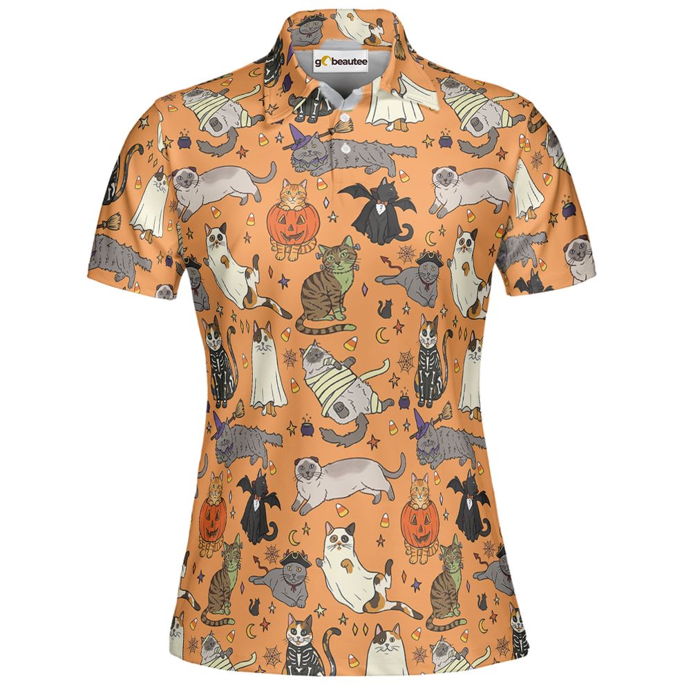 Spooky Orange Halloween Costume Cats Pattern Full Print Polo Shirt - Women - 2