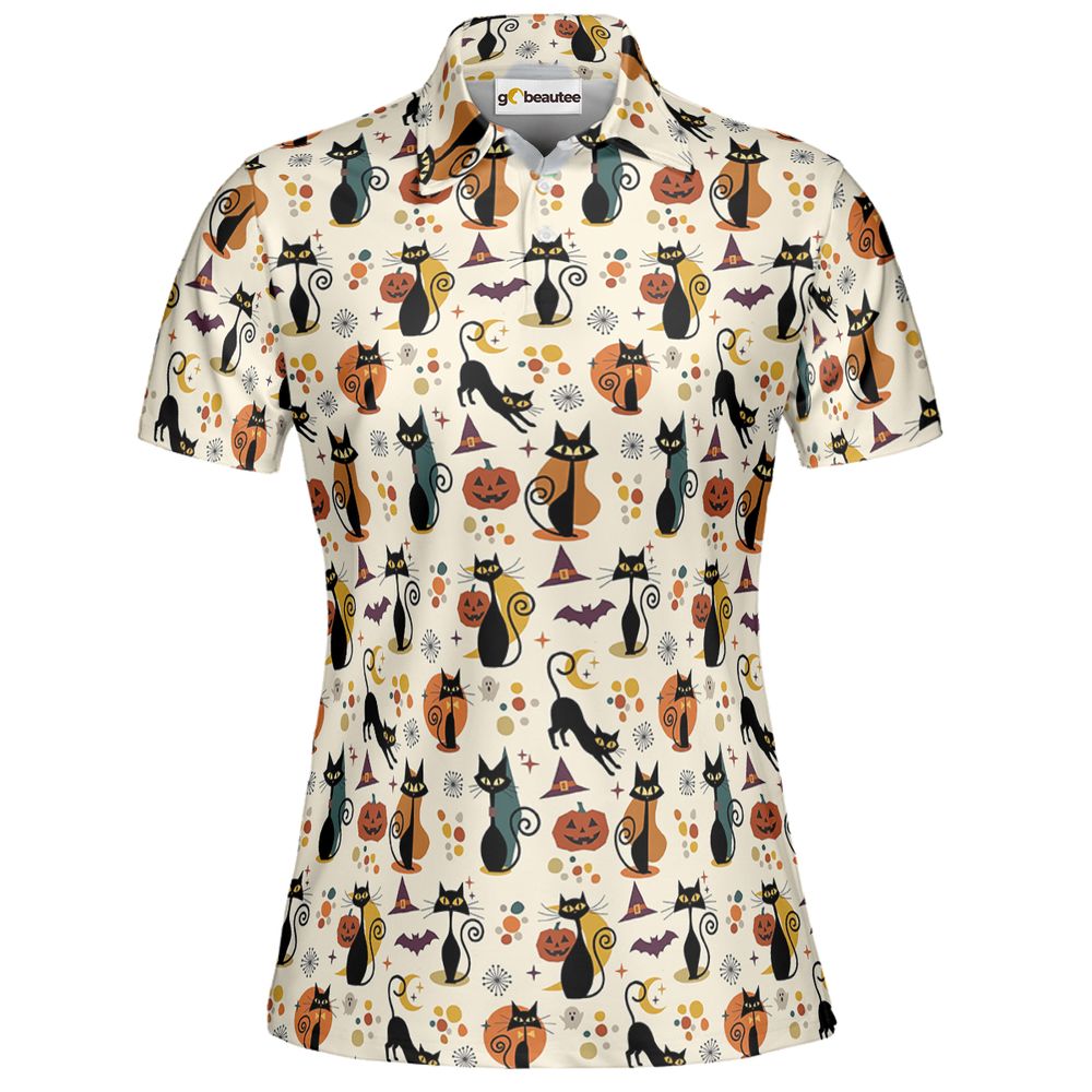 Mid Century Atomic Black Cats Full Print Polo Shirt - Women - 2