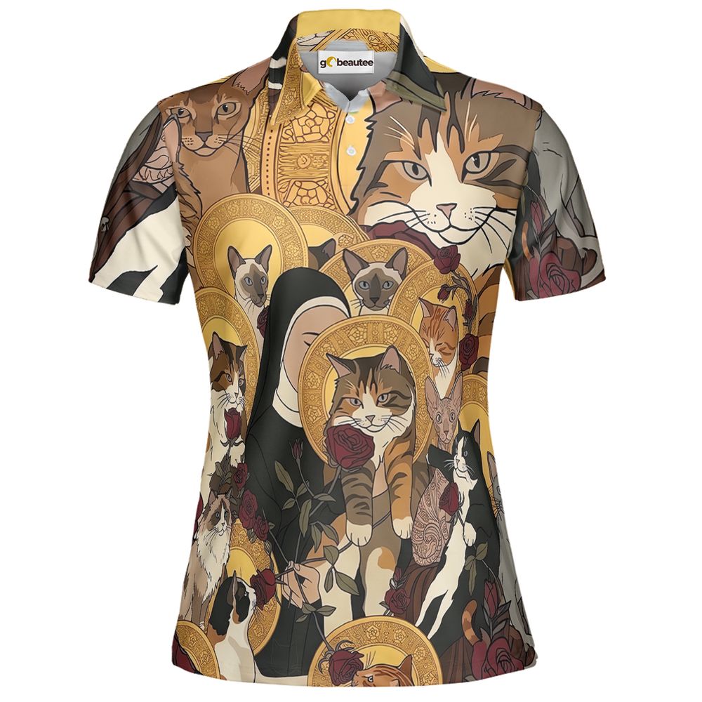 Sacred Feline Renaissance Art Full Print Polo Shirt - Women - 2
