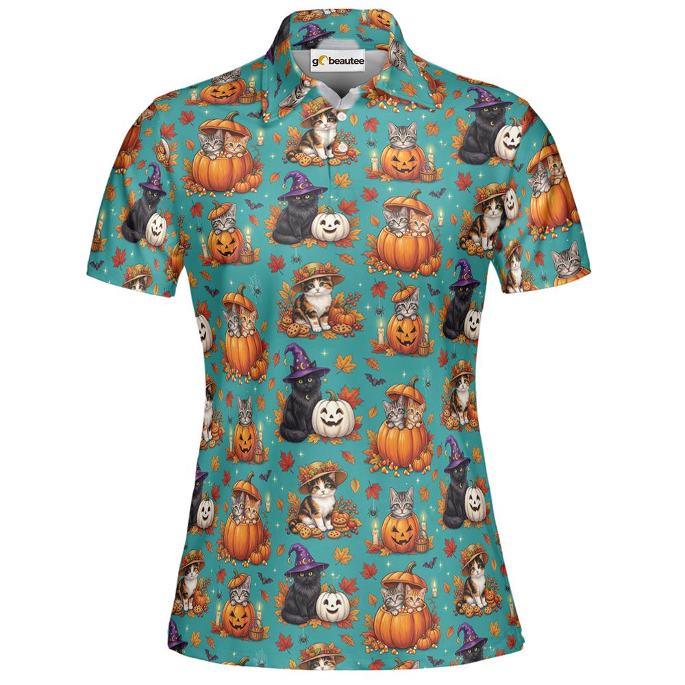 Festive Fall Pumpkin & Witch Cat Full Print Polo Shirt - Women - 2