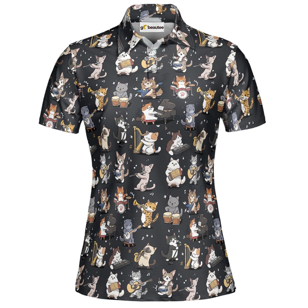 Cat Band Musical Instruments Full Print Polo Shirt - Women - 2