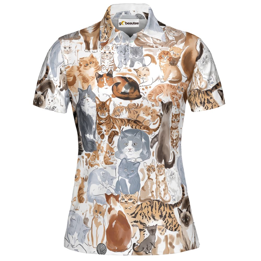 Watercolor cat Full Print Polo Shirt - Women - 2