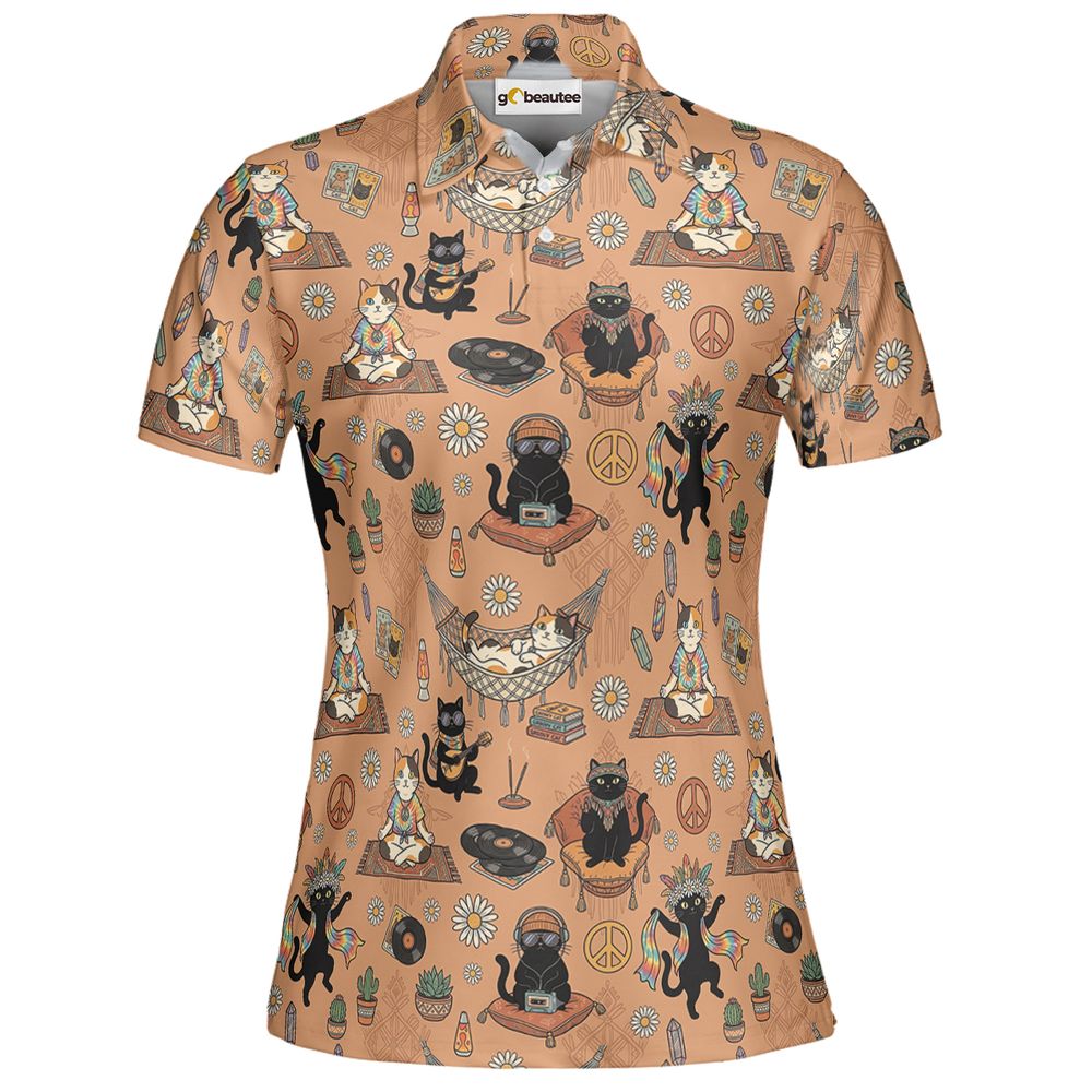 Hippie and Cat Full Print Polo Shirt - Women - 2