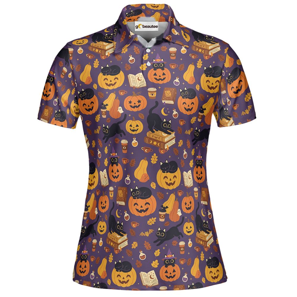 Purple Spooky Black Cat & Pumpkin Magic Full Print Polo Shirt - Women - 2