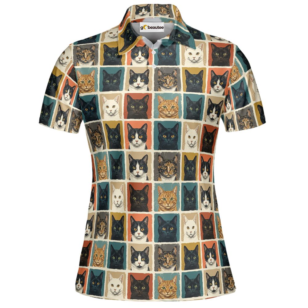Retro Pop Art Cat Portrait Grid Full Print Polo Shirt - Women - 2