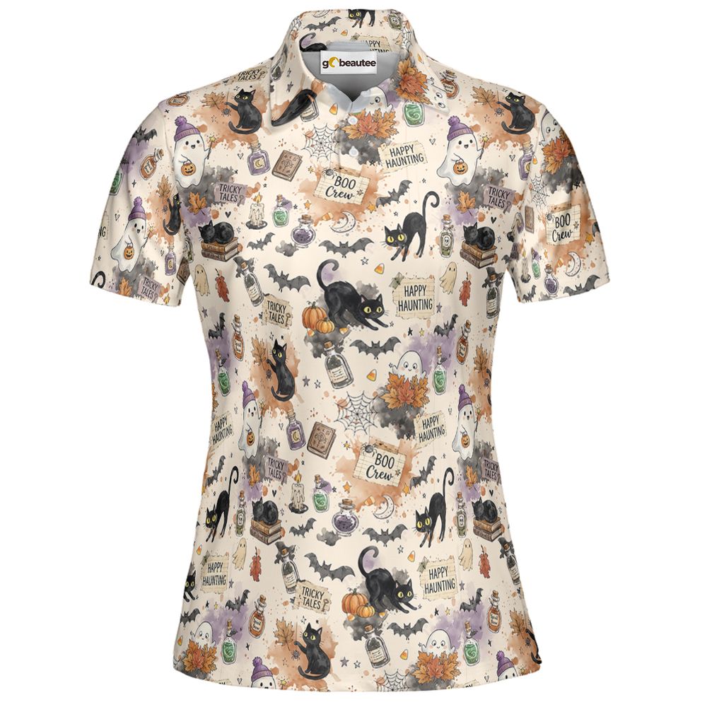Happy Haunting Black Cat & Potion Spooky Full Print Polo Shirt - Women - 2