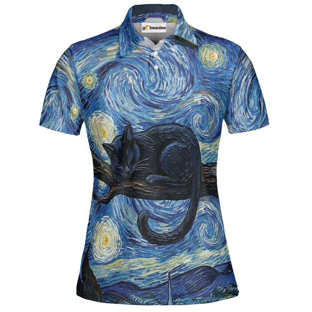 Starry Night and Black Cat Full Print Polo Shirt - Women - 2
