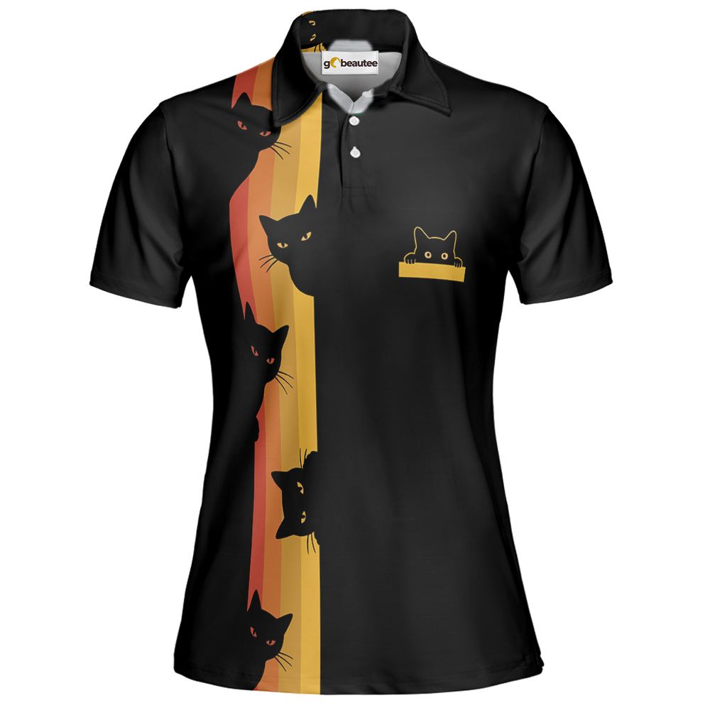 Retro Sunset Peeking Black Cat Full Print Polo Shirt - Women - 2