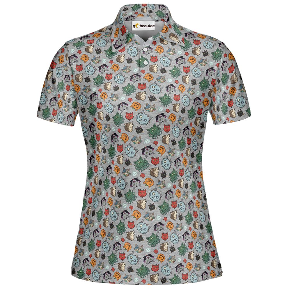 Spooky Monster Cat Mashup Halloween Full Print Polo Shirt - Women - 2