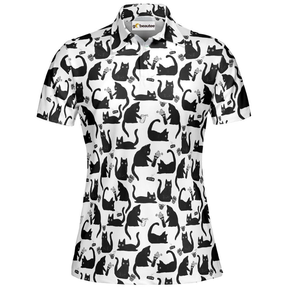 Mischievous Black Cat Pattern Full Print Polo Shirt - Women - 2