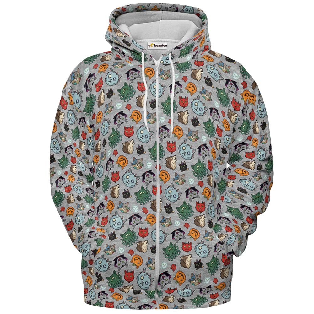 Spooky Monster Cat Mashup Halloween Full Print Hoodie - Zip Hoodie - 2