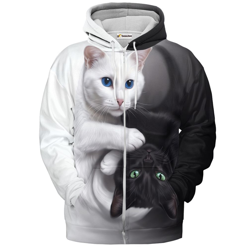 Yin Yang Black Cat and White Cat Full Print Hoodie - Zip Hoodie - 2
