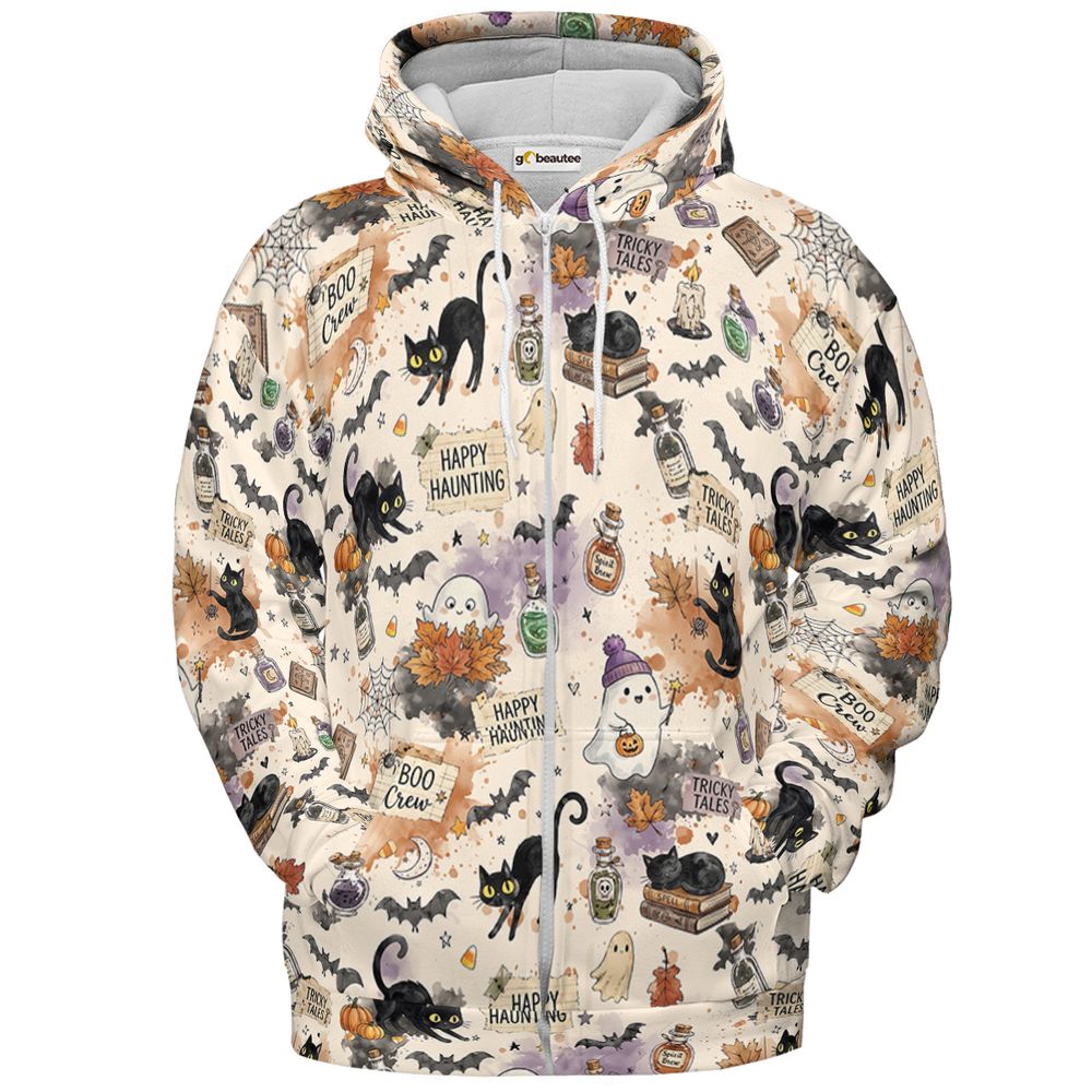 Happy Haunting Black Cat & Potion Spooky Full Print Hoodie - Zip Hoodie - 2